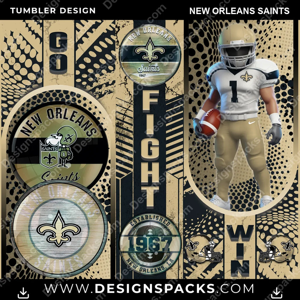 Football Go Fight Win New Orleans Saints NFL Football Tumbler Digital Wrap Design Download