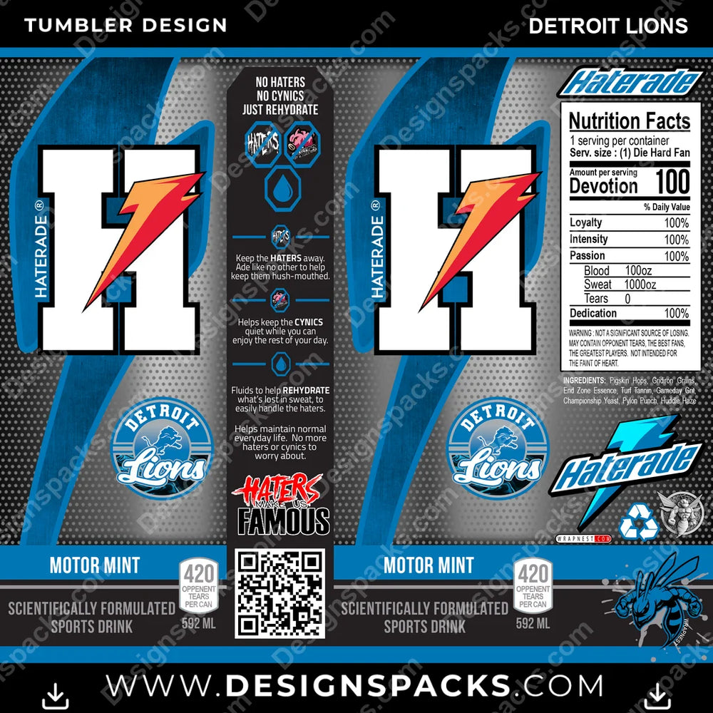Football Haterade Detroit Lions NFL Football Tumbler Digital Wrap Design Download