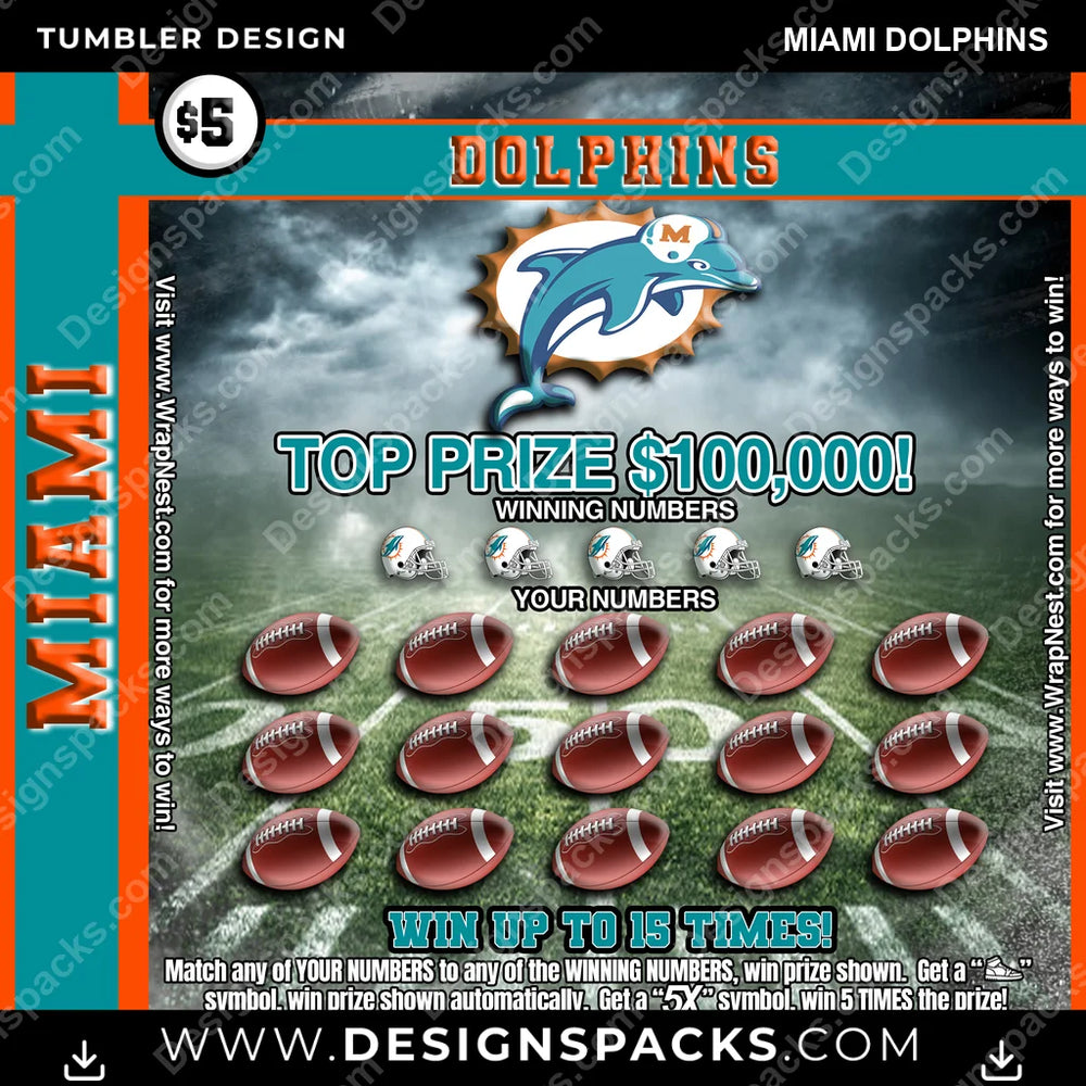 Football Lottery Ticket Miami Dolphins NFL Football Tumbler Digital Wrap Design Download