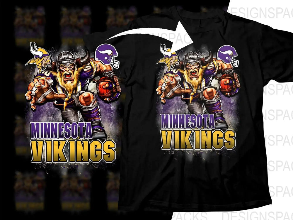 Minnesota Vikings football design on black t-shirt, featuring Viking warrior with helmet and ball