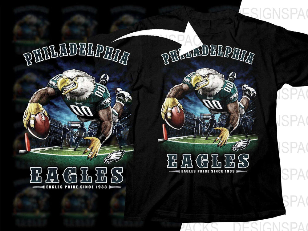 Philadelphia Eagles football design on black t-shirt, featuring eagle mascot with ball, stadium scene, and 'Eagles Pride Since 1933'