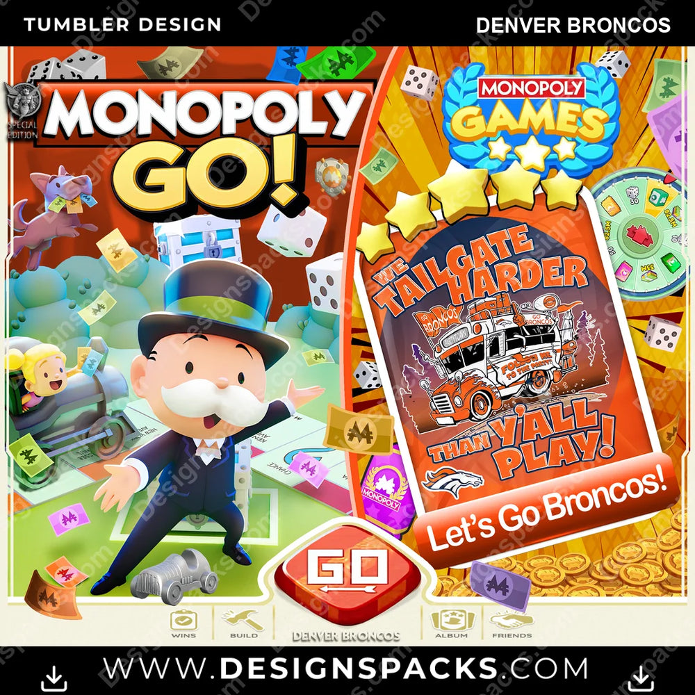 Football Monopoly Go! Denver Broncos NFL Football Tumbler Digital Wrap Design Download