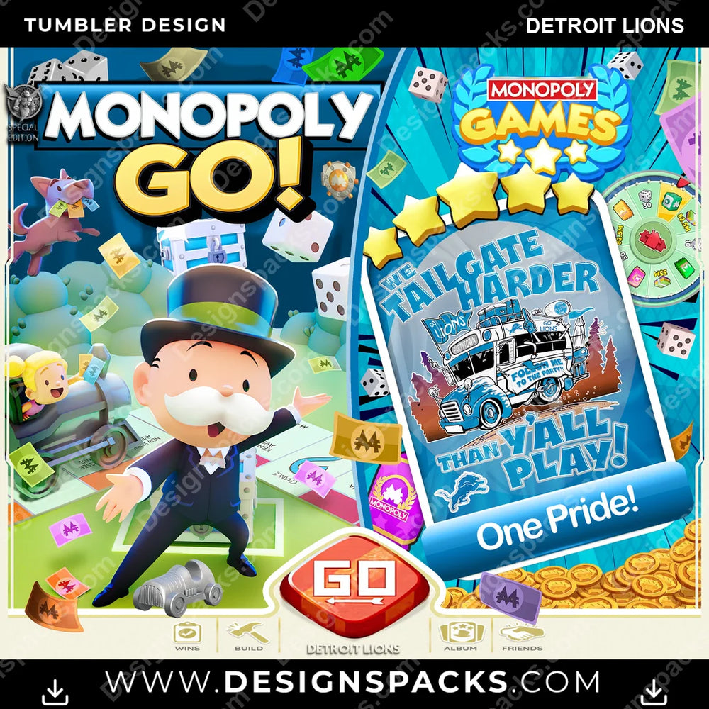 Football Monopoly Go! Detroit Lions NFL Football Tumbler Digital Wrap Design Download