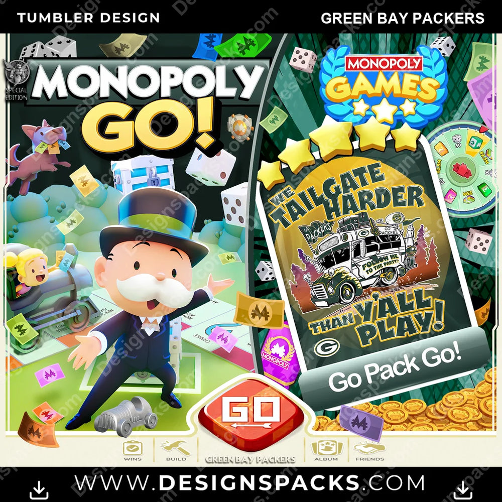 Football Monopoly Go! Green Bay Packers NFL Football Tumbler Digital Wrap Design Download