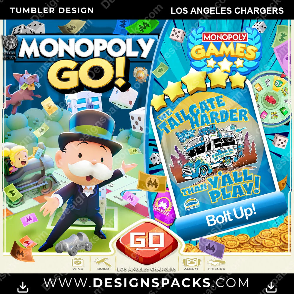 Football Monopoly Go! Los Angeles Chargers NFL Football Tumbler Digital Wrap Design Download