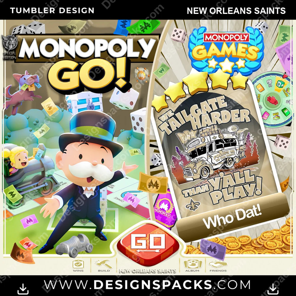 Football Monopoly Go! New Orleans Saints NFL Football Tumbler Digital Wrap Design Download