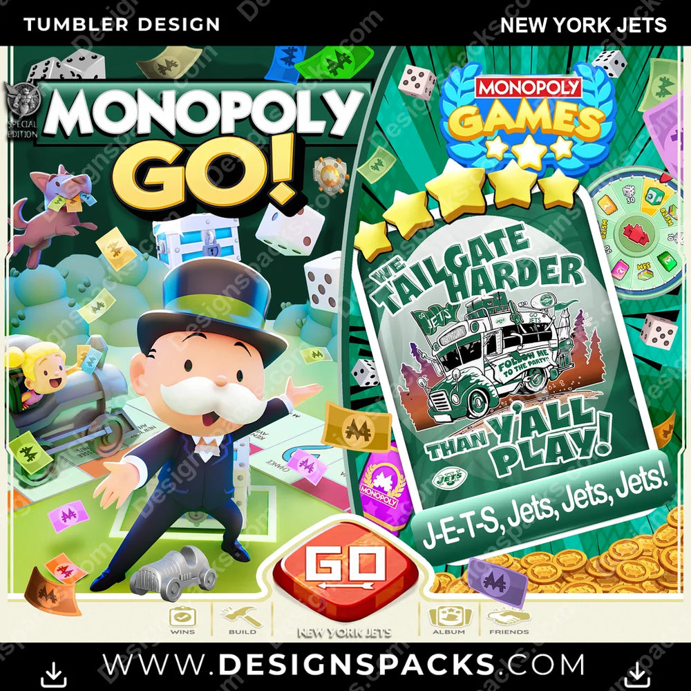Football Monopoly Go! New York Jets NFL Football Tumbler Digital Wrap Design Download