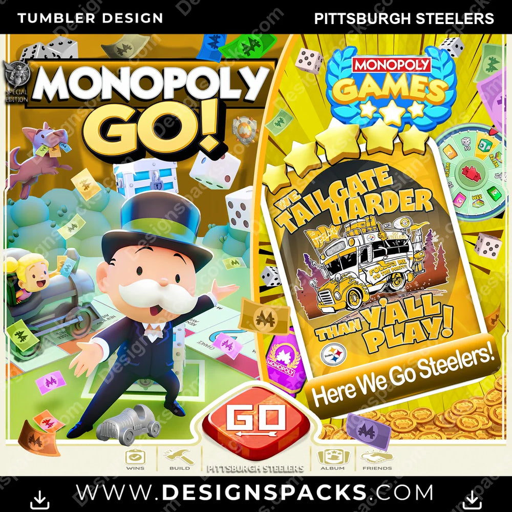 Football Monopoly Go! Pittsburgh Steelers NFL Football Tumbler Digital Wrap Design Download