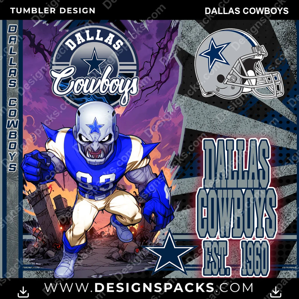 Football Monster Mascot Dallas Cowboys NFL Football Tumbler Digital Wrap Design Download