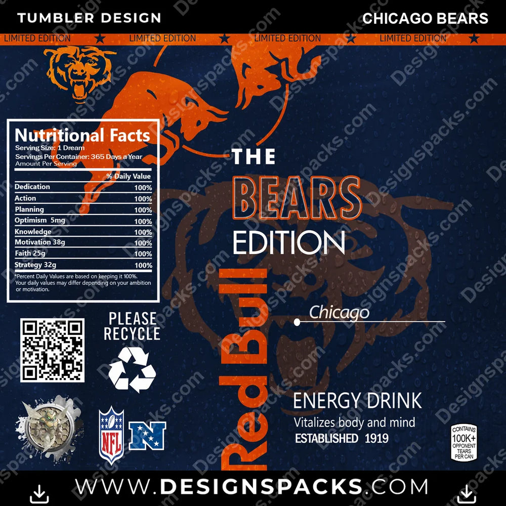 Football Red Bull Chicago Bears NFL Football Tumbler Digital Wrap Design Download