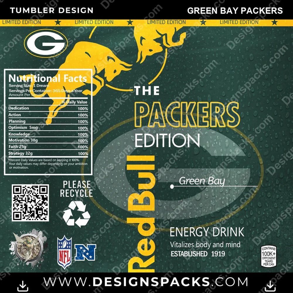 Football Red Bull Green Bay Packers NFL Football Tumbler Digital Wrap Design Download