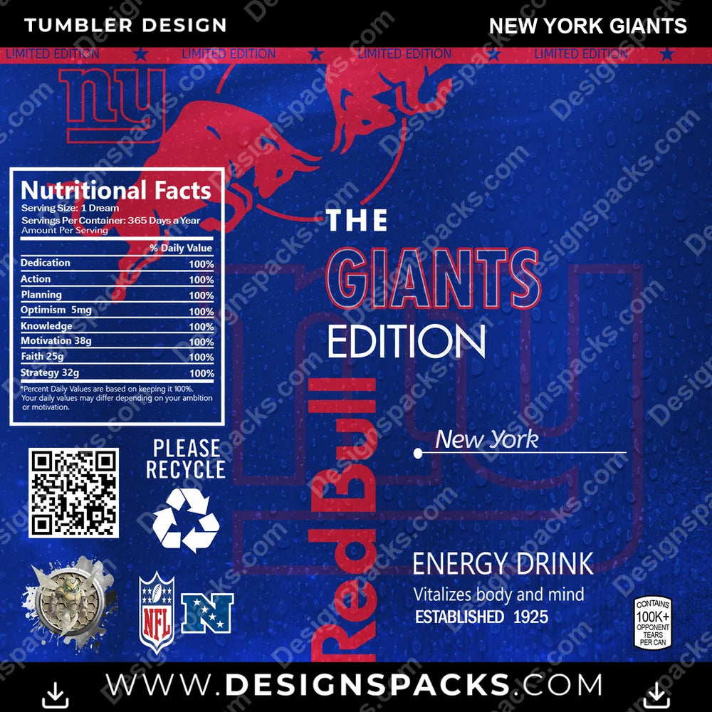 Football Red Bull New York Giants NFL Football Tumbler Digital Wrap Design Download