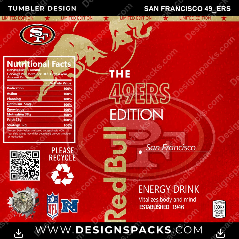 Football Red Bull San Francisco 49ers NFL Football Tumbler Digital Wrap Design Download