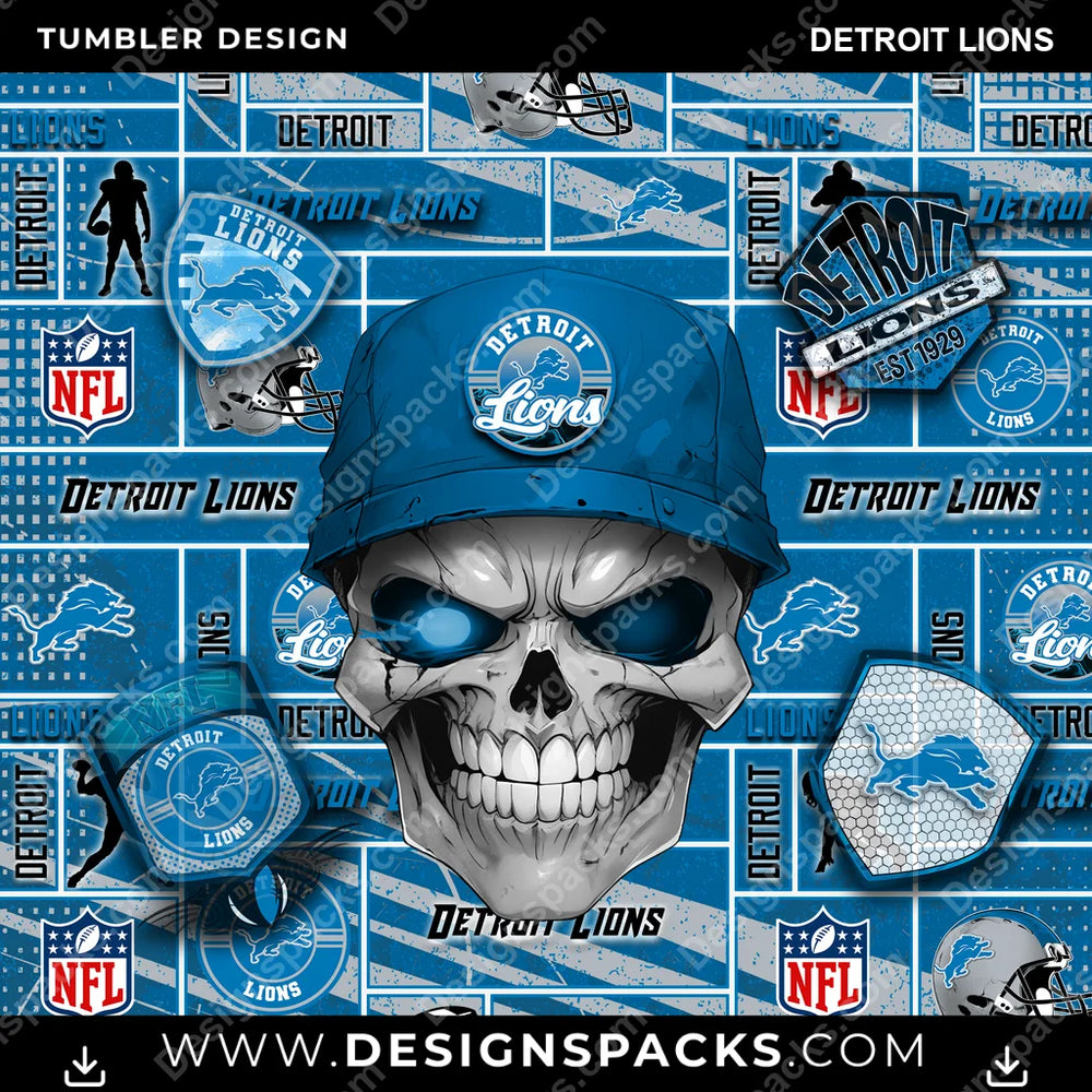 Football Skull Detroit Lions NFL Football Tumbler Digital Wrap Design Download