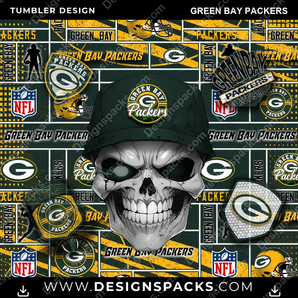 Football Skull Green Bay Packers NFL Football Tumbler Digital Wrap Design Download