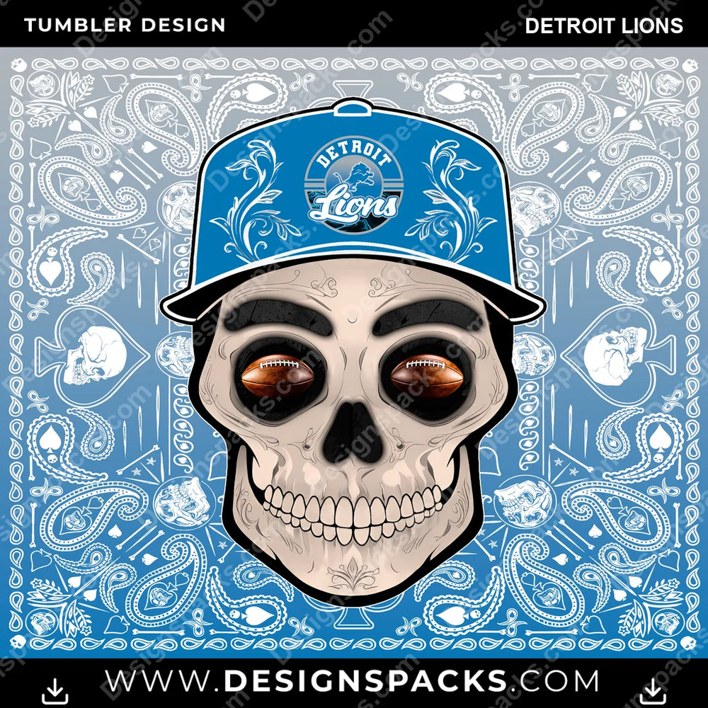 Football Skull Handkerchief Detroit Lions NFL Football Tumbler Digital Wrap Design Download