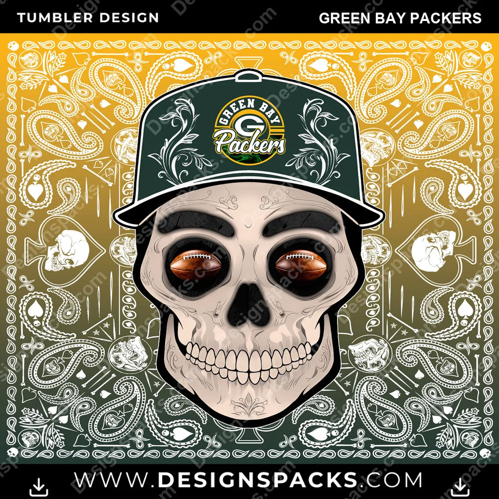 Football Skull Handkerchief Green Bay Packers NFL Football Tumbler Digital Wrap Design Download