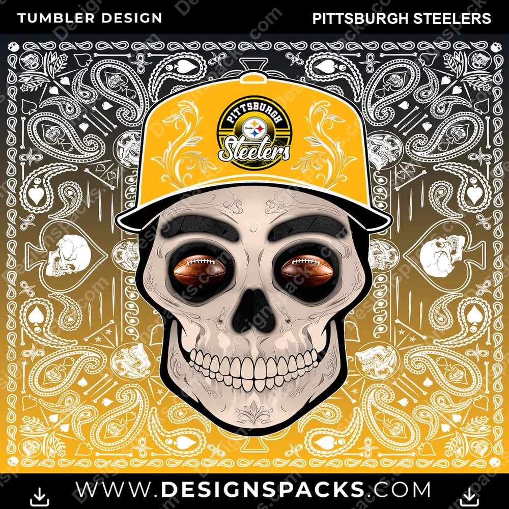Football Skull Handkerchief Pittsburgh Steelers NFL Football Tumbler Digital Wrap Design Download