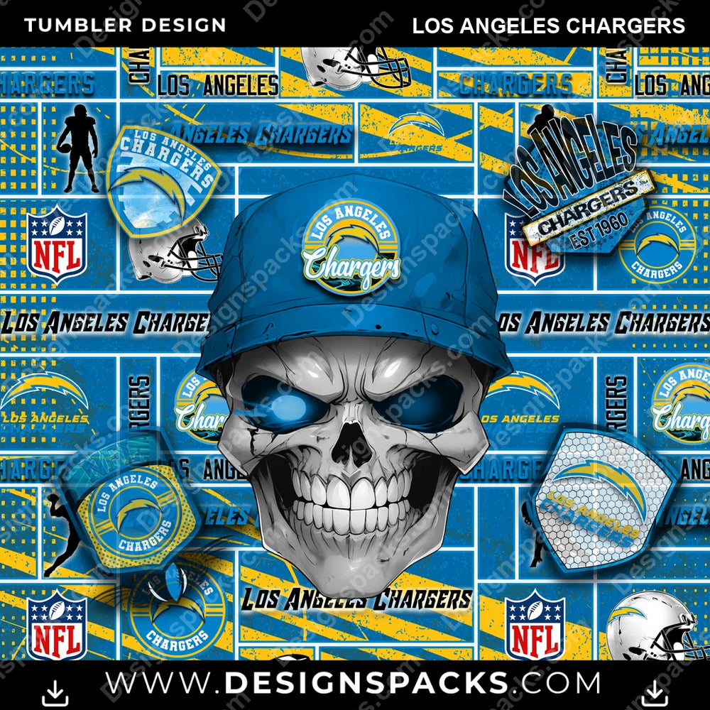 Football Skull Los Angeles Chargers NFL Football Tumbler Digital Wrap Design Download