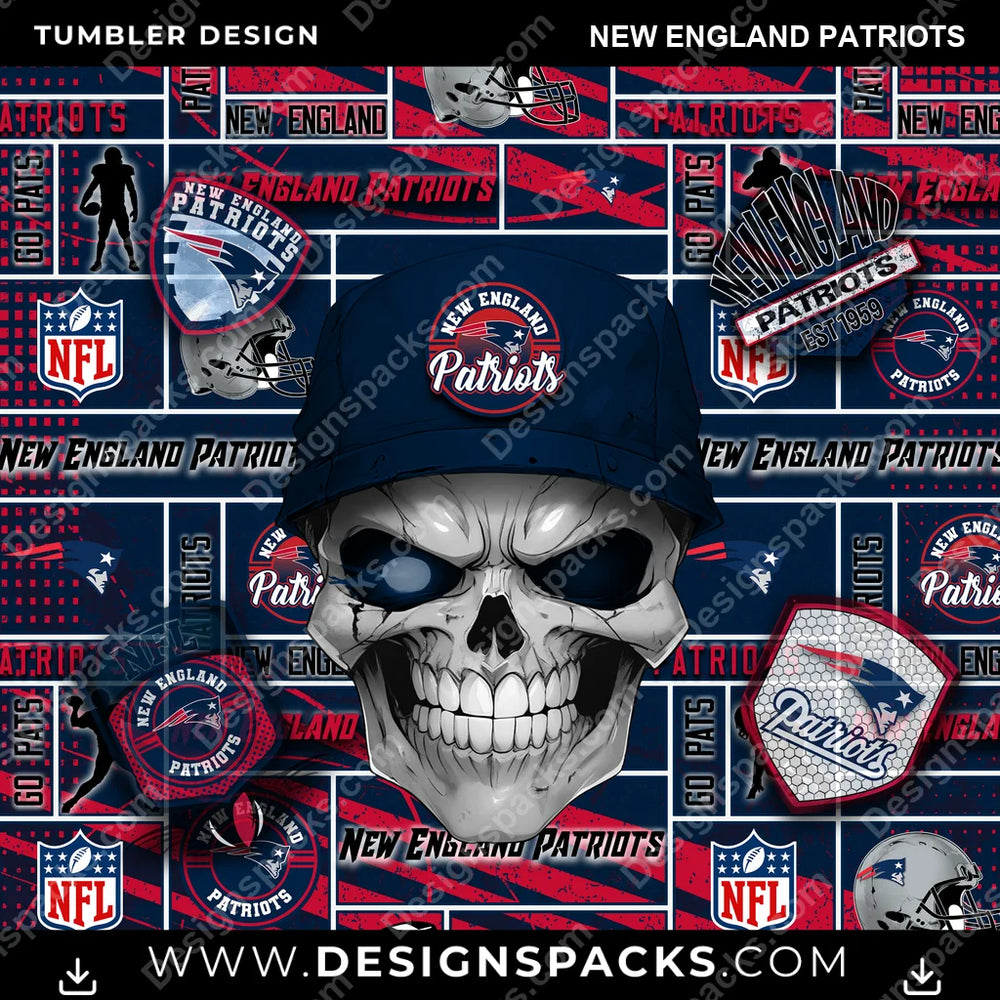 Football Skull New England Patriots NFL Football Tumbler Digital Wrap Design Download