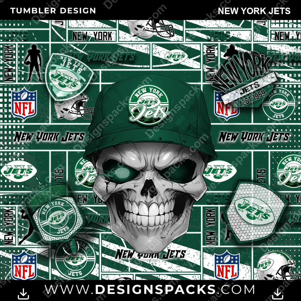 Football Skull New York Jets NFL Football Tumbler Digital Wrap Design Download