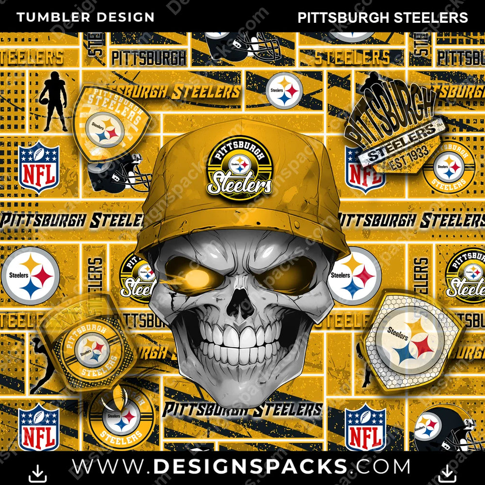 Football Skull Pittsburgh Steelers NFL Football Tumbler Digital Wrap Design Download