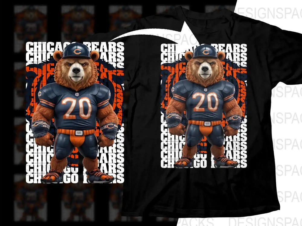 Chicago Bears mascot in football jersey #20 on black t-shirt, print-ready design for DTF DTG