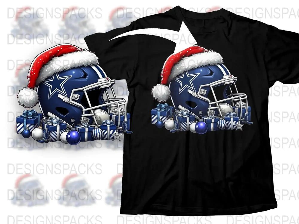 Festive Football T-Shirt, Holiday Sports Fan Gear, Christmas Helmet Design, Blue and Silver
