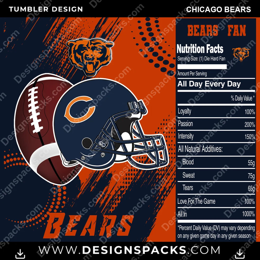 Football Team Fan Chicago Bears NFL Football Tumbler Digital Wrap Design Download