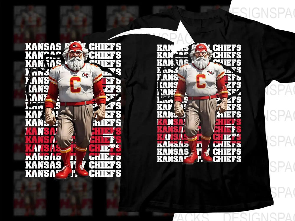 Kansas City Chiefs football design on black t-shirt, featuring a cartoon player with red and white gear.