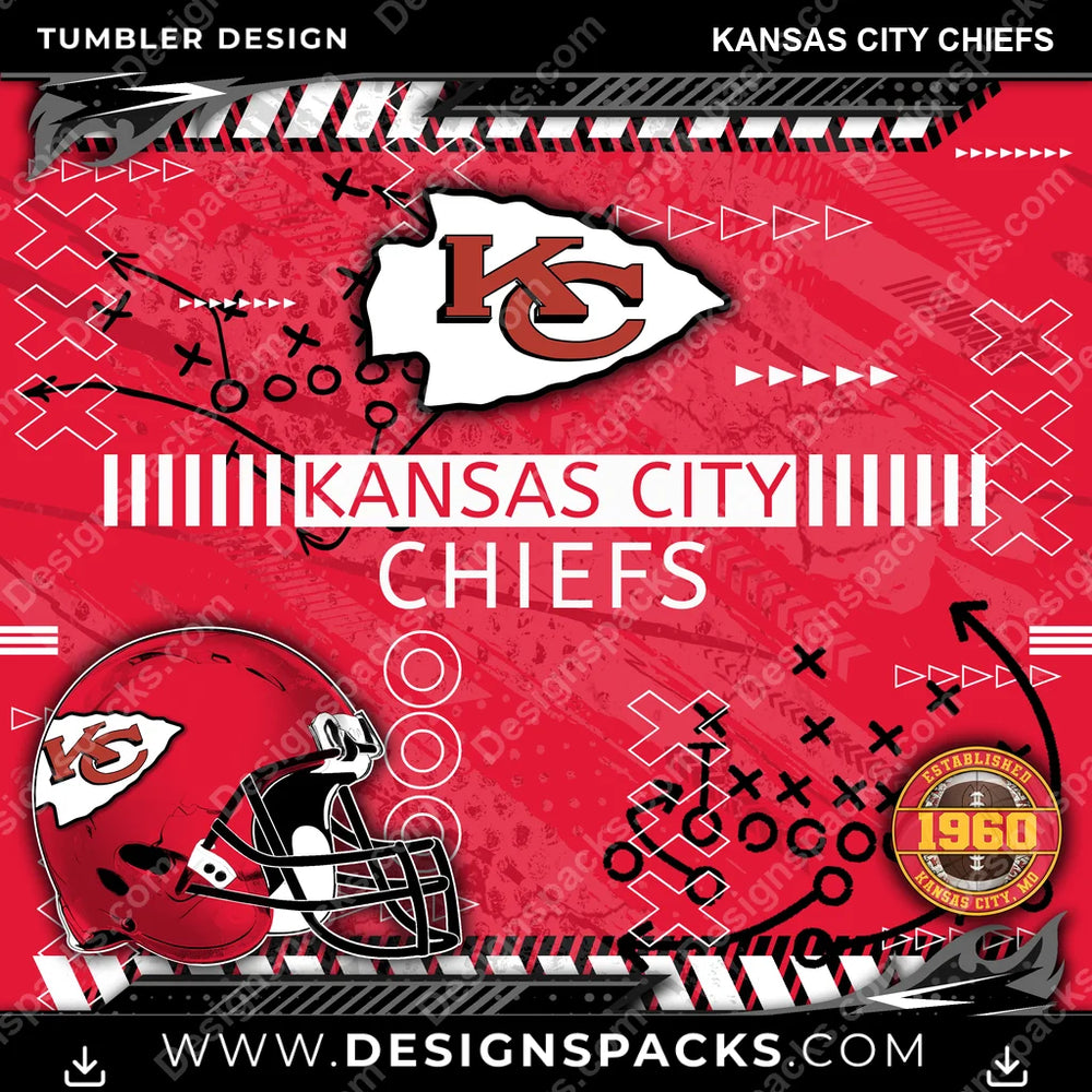 Football Xs & Os Kansas City Chiefs NFL Football Tumbler Digital Wrap Design Download