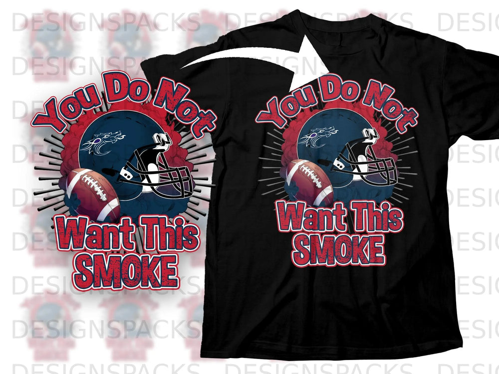 Black t-shirt with blue and red text and graphics of a football helmet and ball.