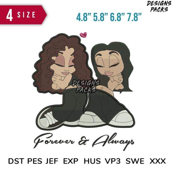Forever & Always embroidery design with two girls, 4 sizes, DST PES JEF formats