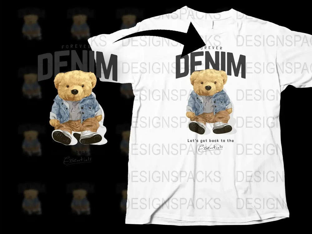 Forever Denim Bear Graphic Let’s Get Back to Essentials Png Digital Download