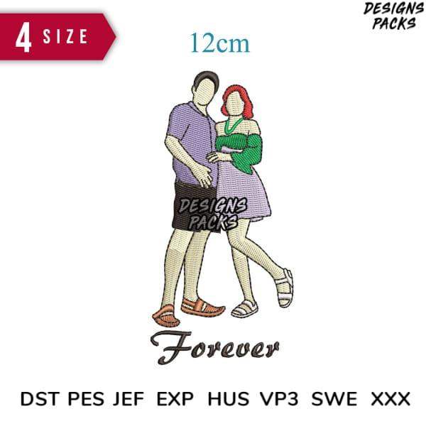 Romantic couple embroidery design with 'Forever' text, 12cm size, compatible with DST PES JEF formats for instant download.
