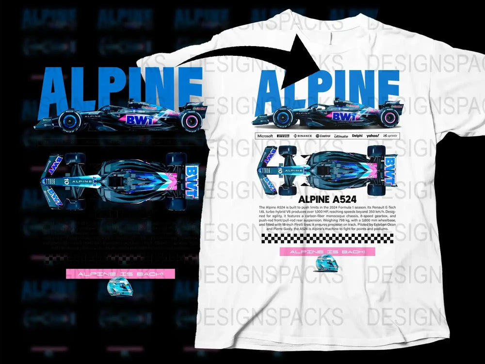 Alpine A524 Formula Racing Car Graphic T-Shirt, Motorsport Fan Apparel, Unisex Full Print Design