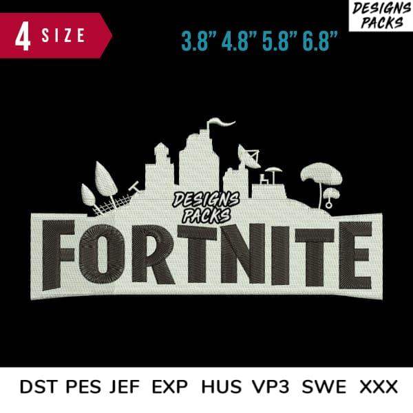 Fortnite embroidery design with cityscape, available in multiple sizes and formats