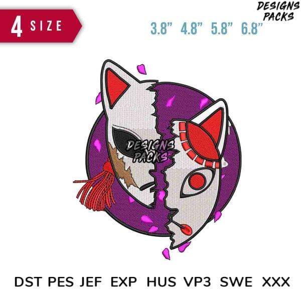 Embroidery design of split fox mask with red accents, available in multiple sizes and formats