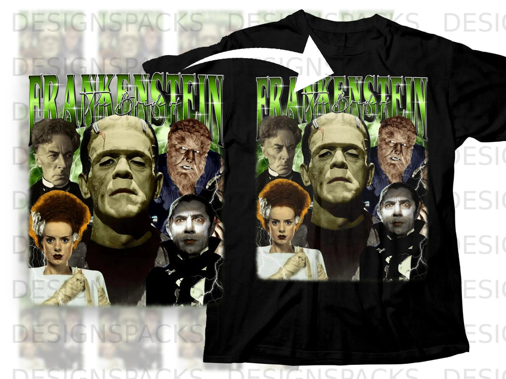 Frankenstein, Bride of Frankenstein, Wolfman, and Dracula characters collage on a t-shirt.