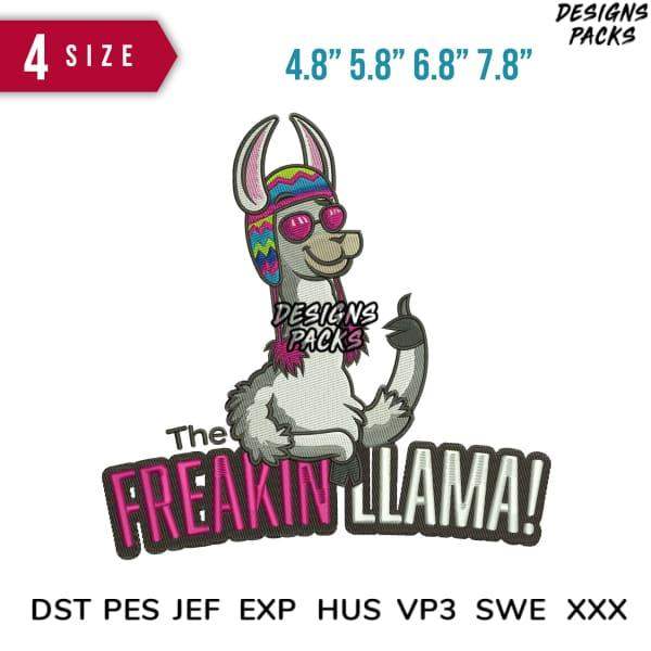 Embroidery design of cream VW car with 'Freakin Llama!' text, available in 4 sizes and multiple formats