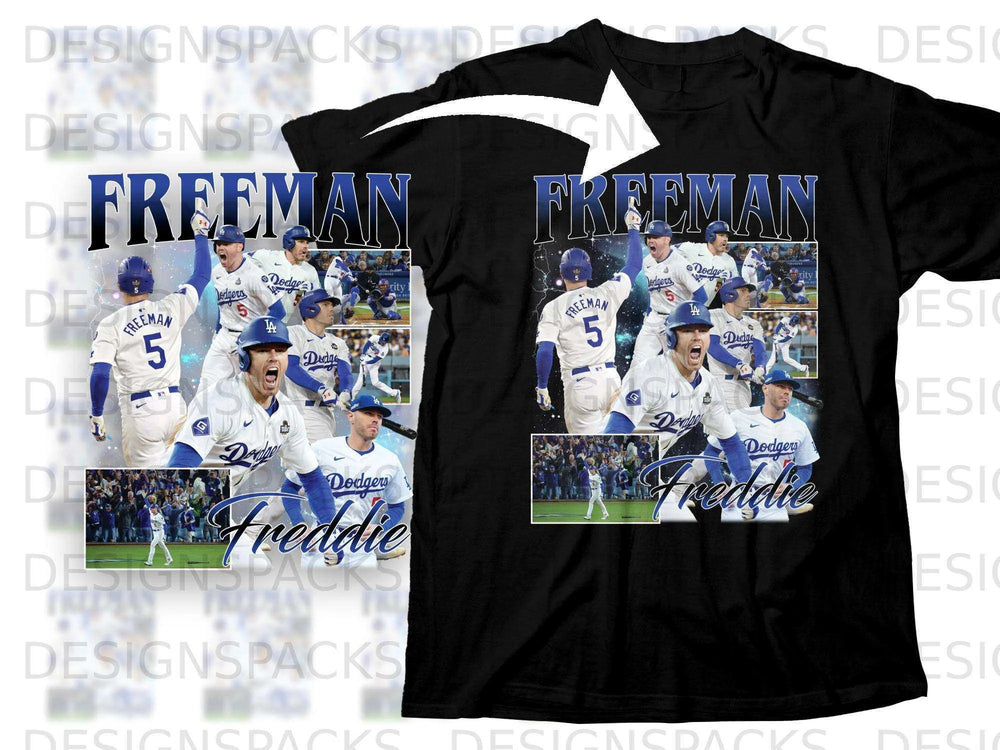 Dodgers #5 Freddie Freeman t-shirt with action shots and name.