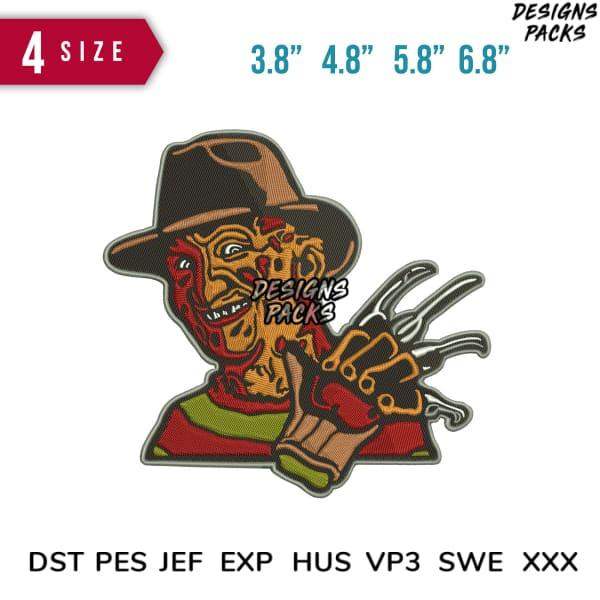 Freddy Krueger embroidery design in 4 sizes, print-ready PES DST formats for shirts, hats, bags