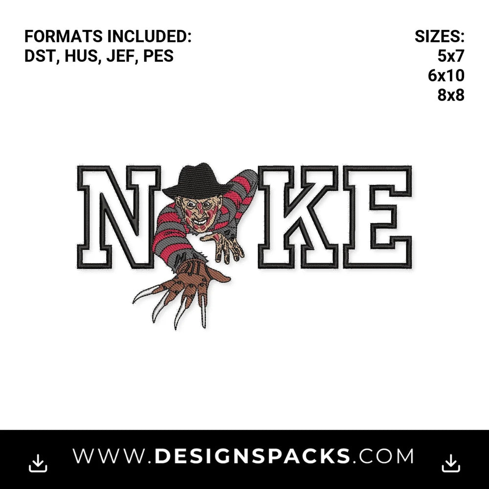 Freddy Krueger Nike Horror Logo Embroidery Design - Instant digital download pattern at Designspacks.com