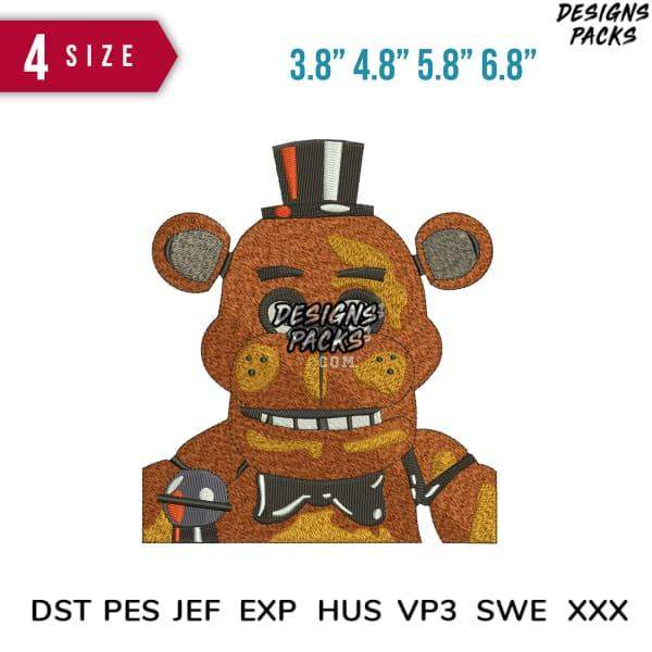 Freddy Fazbear embroidery design in 4 sizes, compatible with DST PES JEF formats for machine embroidery