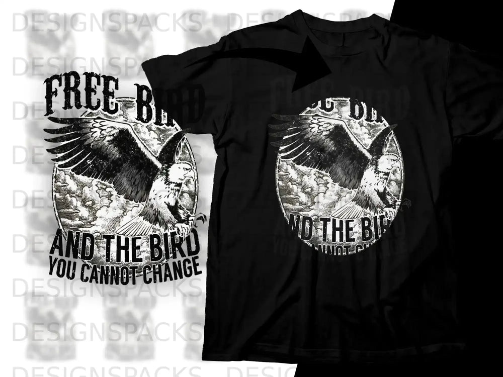 Black t-shirt with graphic of an eagle and text "Free Bird You Cannot Change".