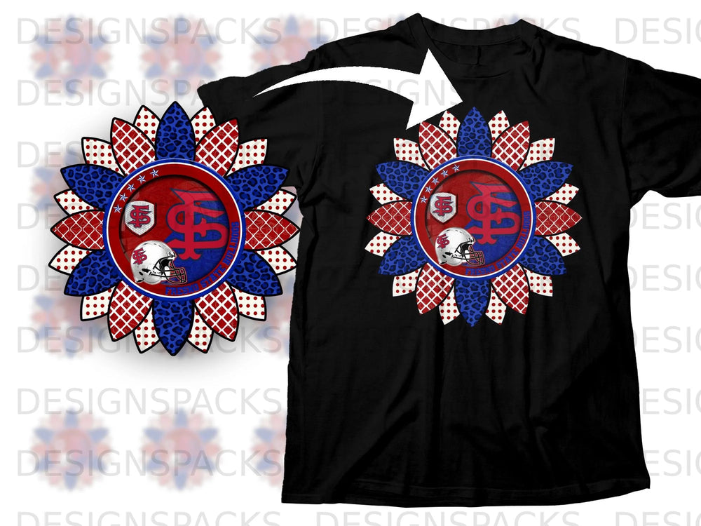 Sunflower design with red, white, and blue patterns and a football helmet.