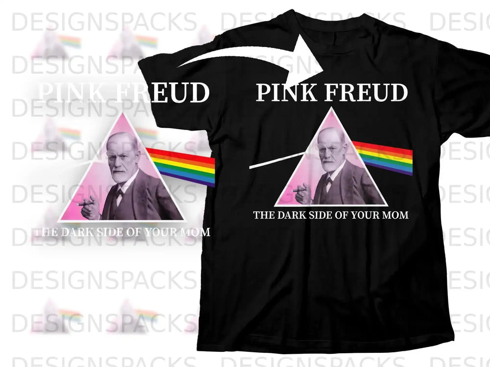 Black t-shirt with "PINK FREUD" and a prism with a rainbow over Sigmund Freud.