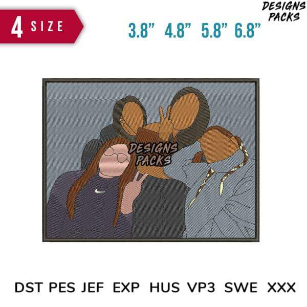 Embroidery design of three friends posing, available in PES, DST, EXP formats, 4 sizes for instant download