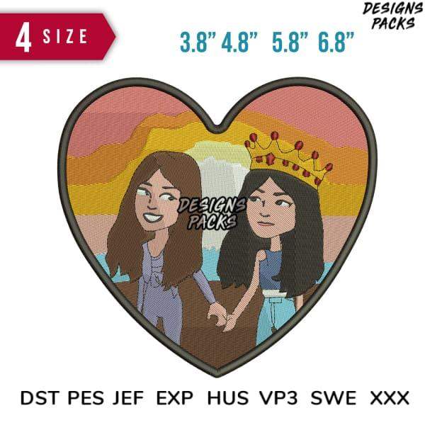Heart-shaped embroidery design with two girls, sunset background, available in PES, DST, EXP formats
