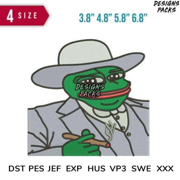 Pepe the Frog in cowboy hat holding cigar, embroidery design in DST PES formats